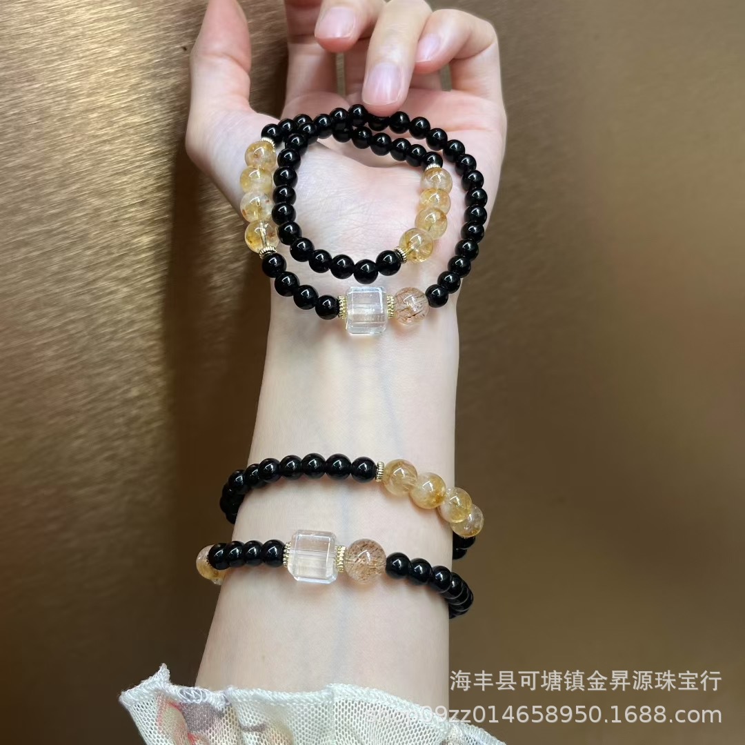 天然黑曜石双圈手链搭黄塔晶黑金超手串白水晶方糖时尚女批发直播