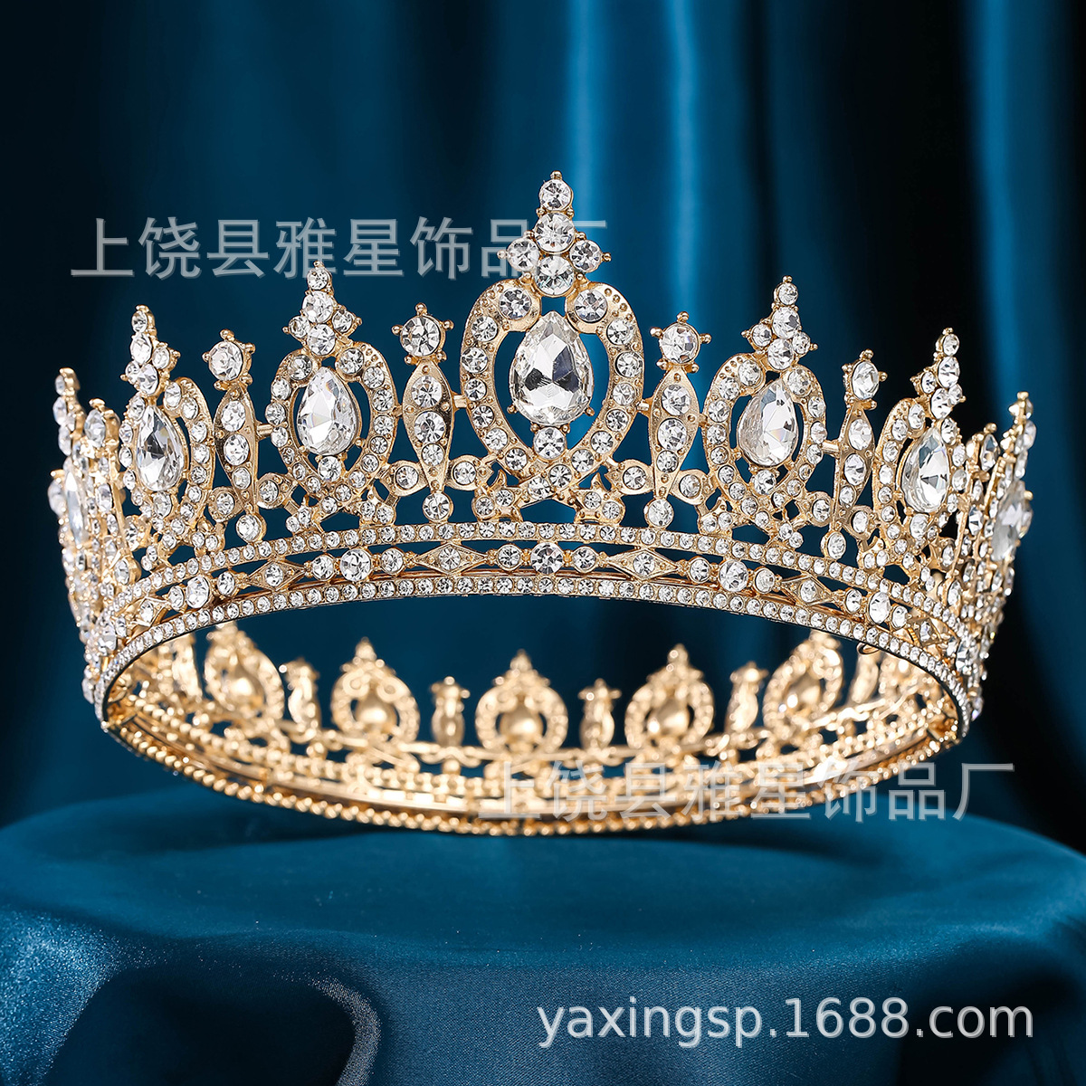 Baroque-style golden crown, luxurious golden diamond-encrusted crystal crown, bride wedding splendid headwear factory