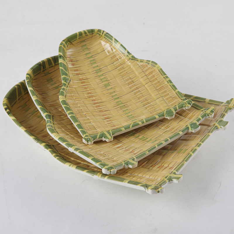 Creative imitation porcelain dinner plates, Chinese round spring and autumn bamboo and rattan strip round irregular dish plates, wholesale for restaurants, hotels Specification image