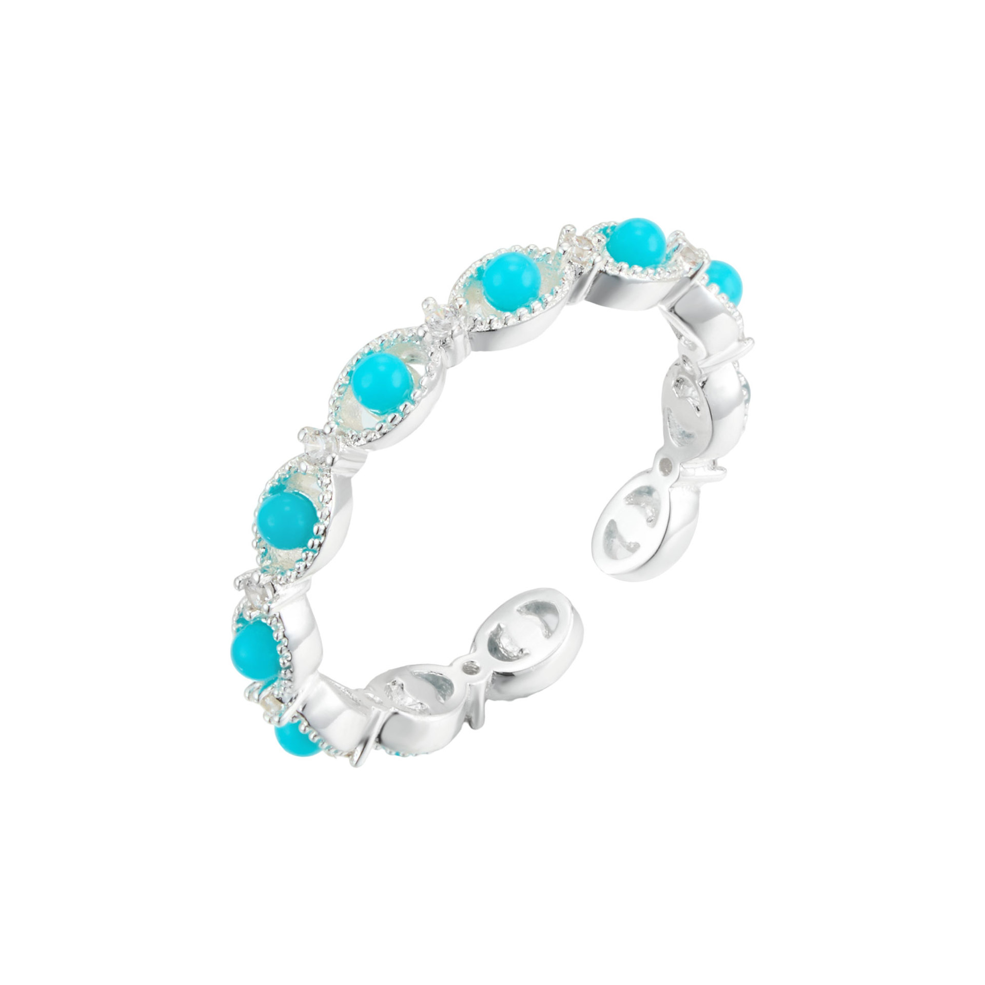 Source factory retro ethnic style blue rice bead open ring, copper alloy set with zirconium, versatile and adjustable index finger ring Item Picture