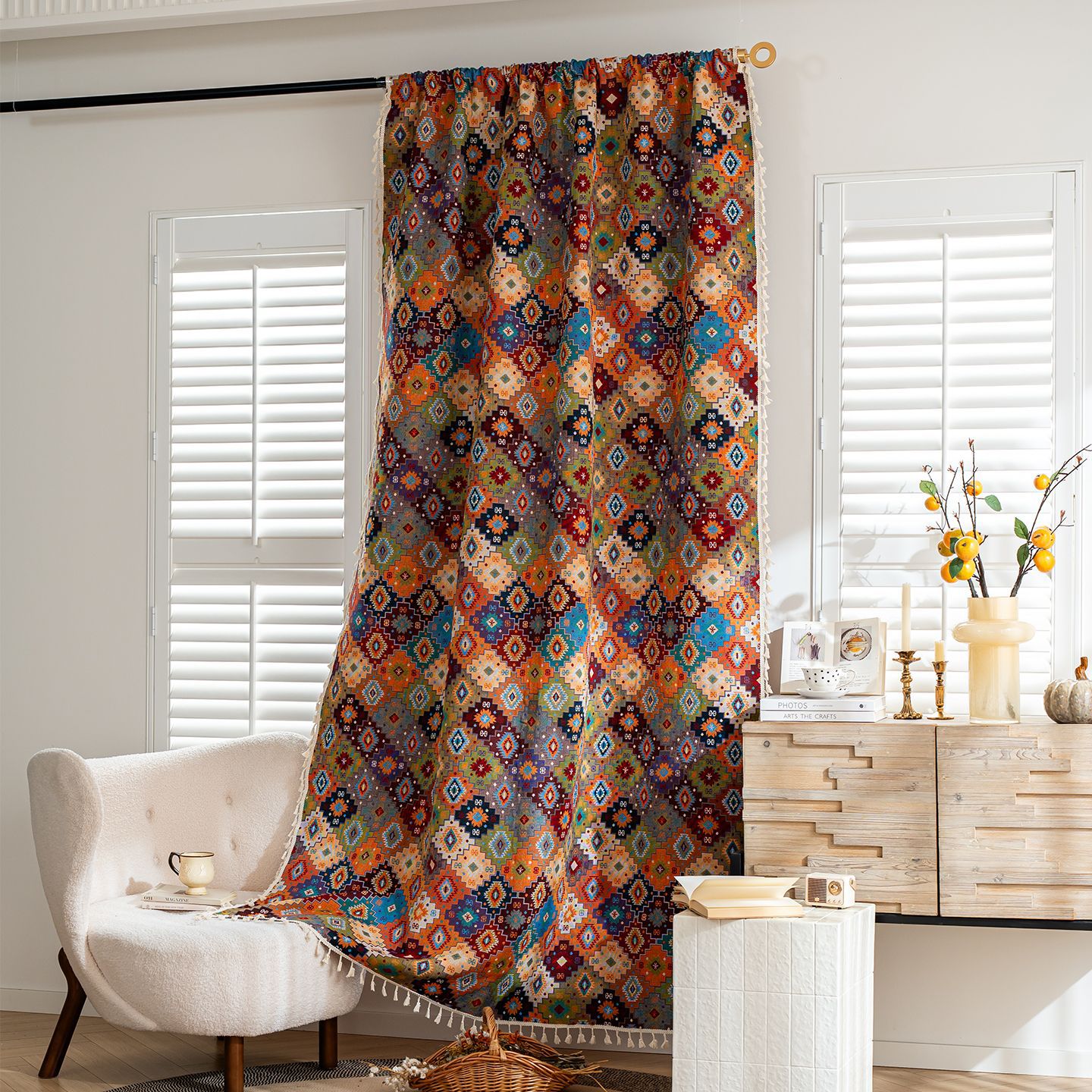 加厚民族风棉麻半遮光流苏窗帘卧室阳台高级感波西米亚风成品窗帘