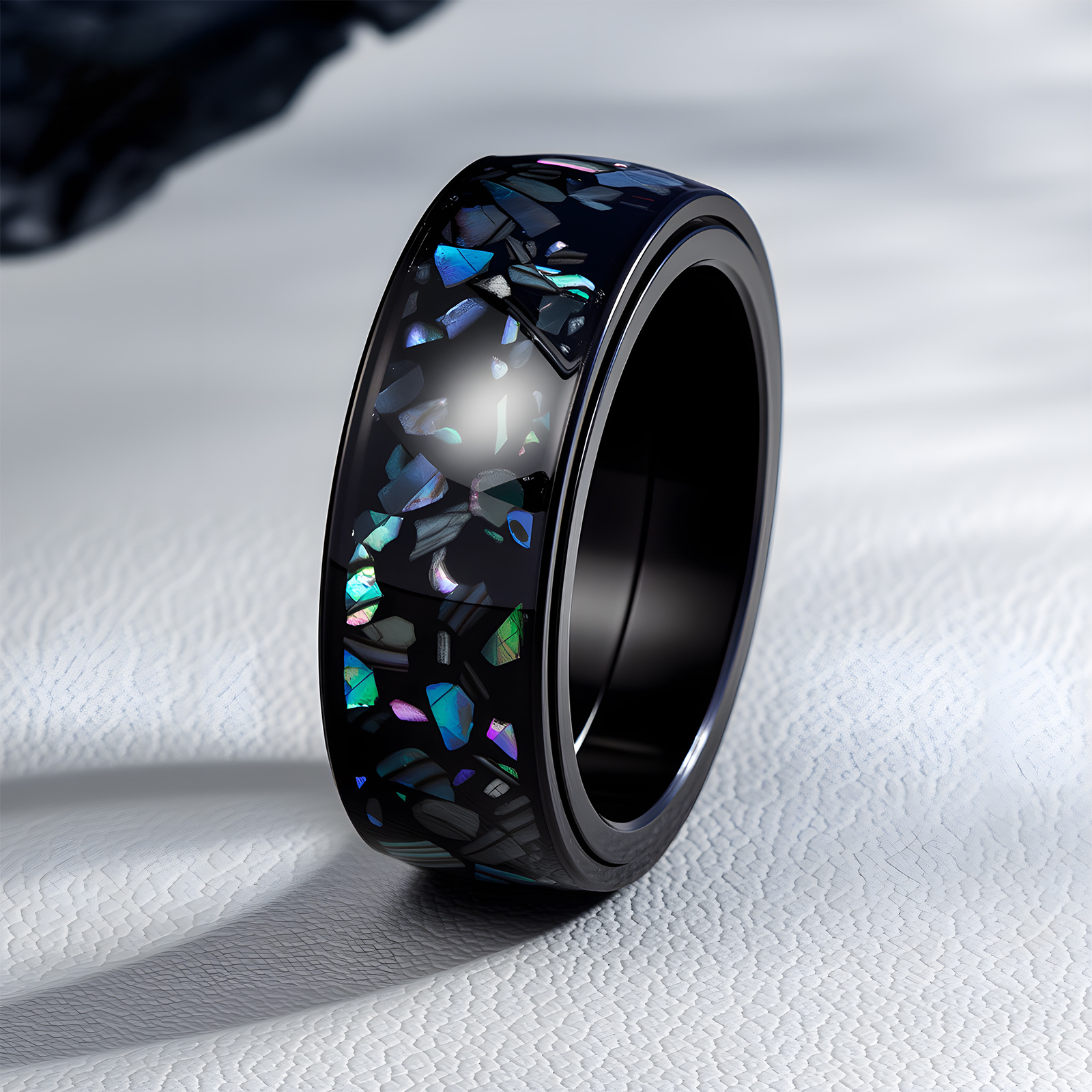 A new cross-border European and American jewelry item is selling well on Amazon. It's an 8MM titanium steel men's ring set with abalone shells and rotatable design details Picture