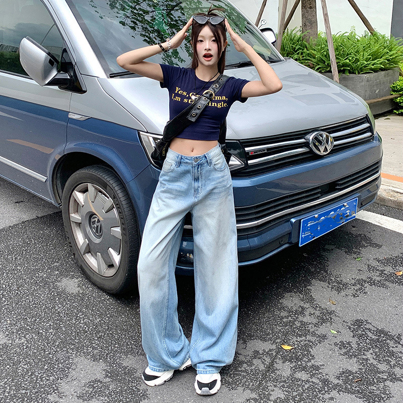 Light blue jeans, women's washable retro straight-leg pants, women's summer design sense wide-leg pants, long pants, loose floor-length pants Application Scenario