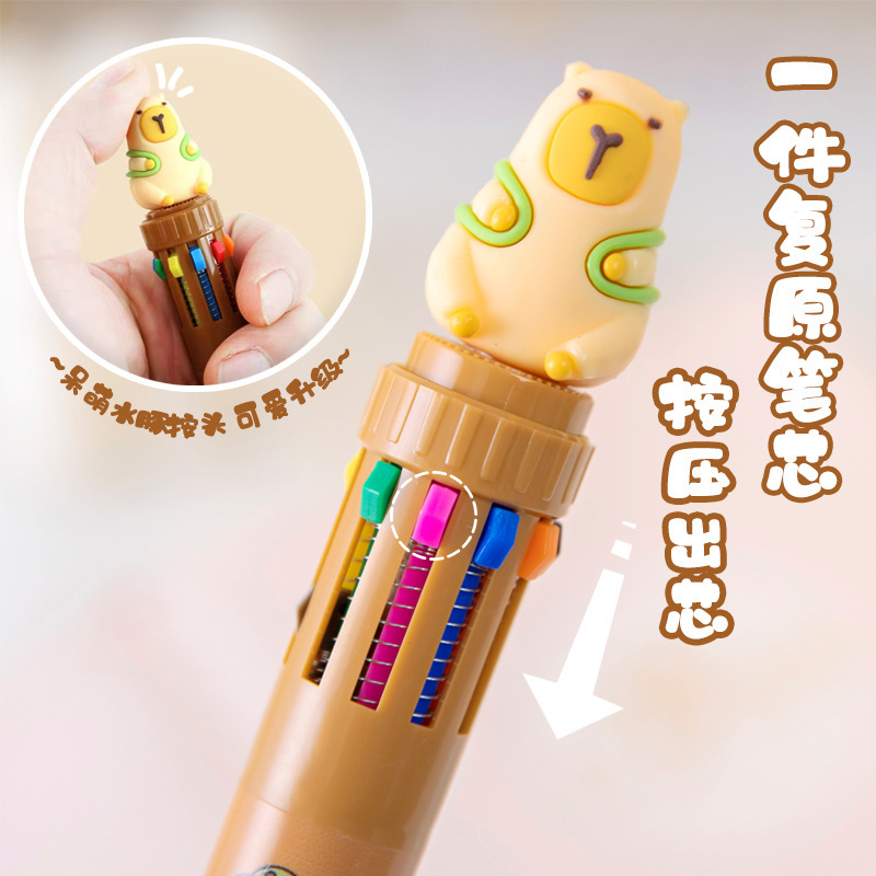 Capibara ten-color Ballpoint pen Creative student stationery, multi-color and cute press type 10-color pen press pen Application Scenario