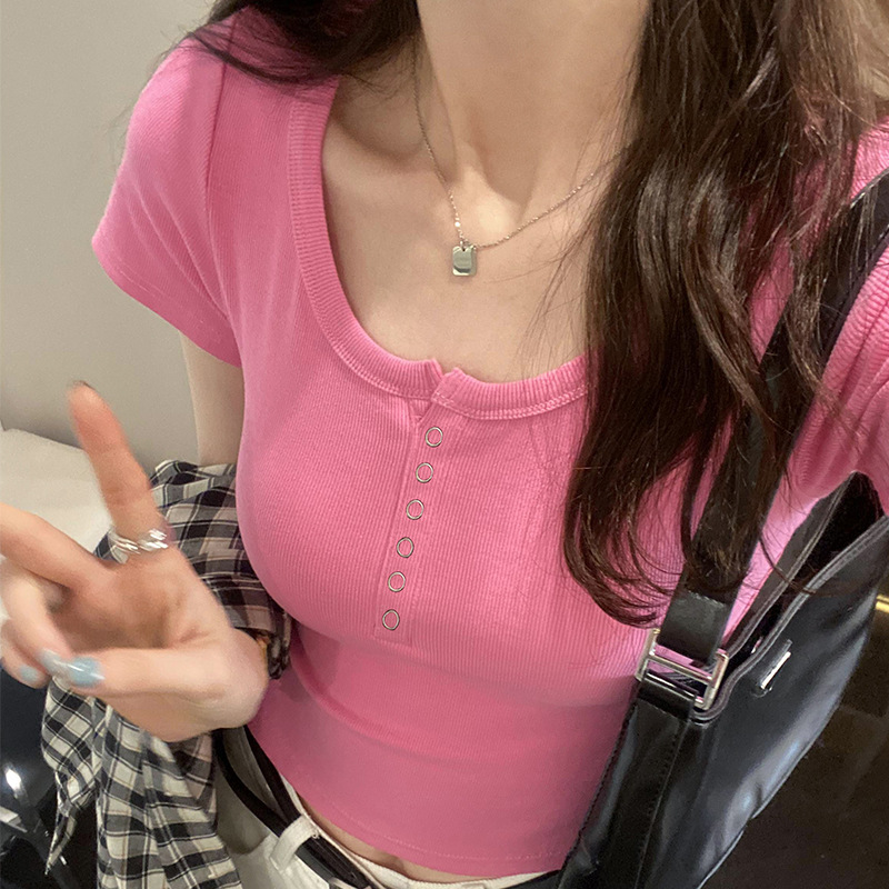 Threaded cotton button T-shirt for women, short-sleeved 2026 summer new style, square neck, versatile outerwear, slimming and form-fitting top base layer details Picture