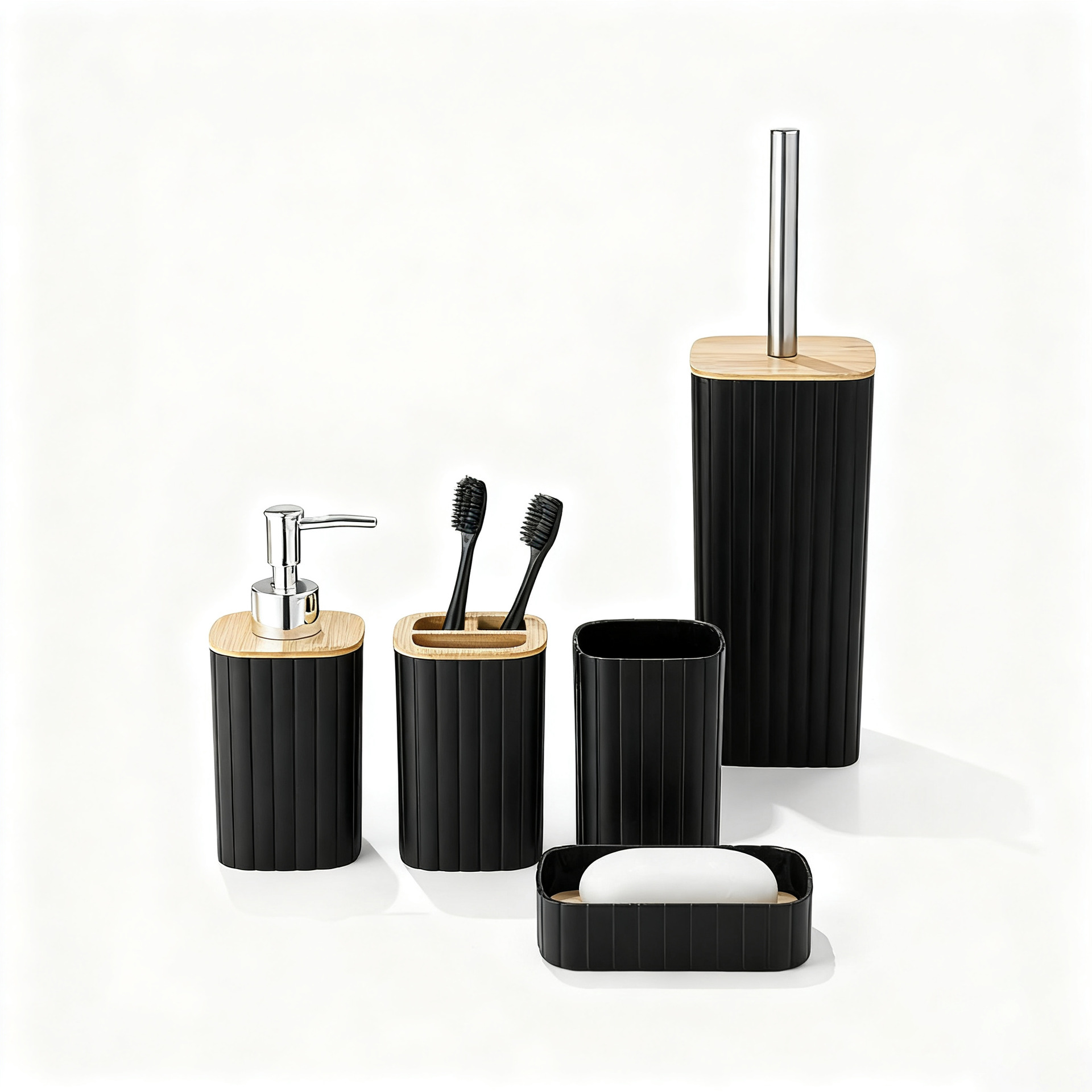 YUFEI Bamboo and Wood cover Striped bathroom and washbasin 6-piece Set, Hotel plastic washbasin storage bathroom 6-piece set Specification image