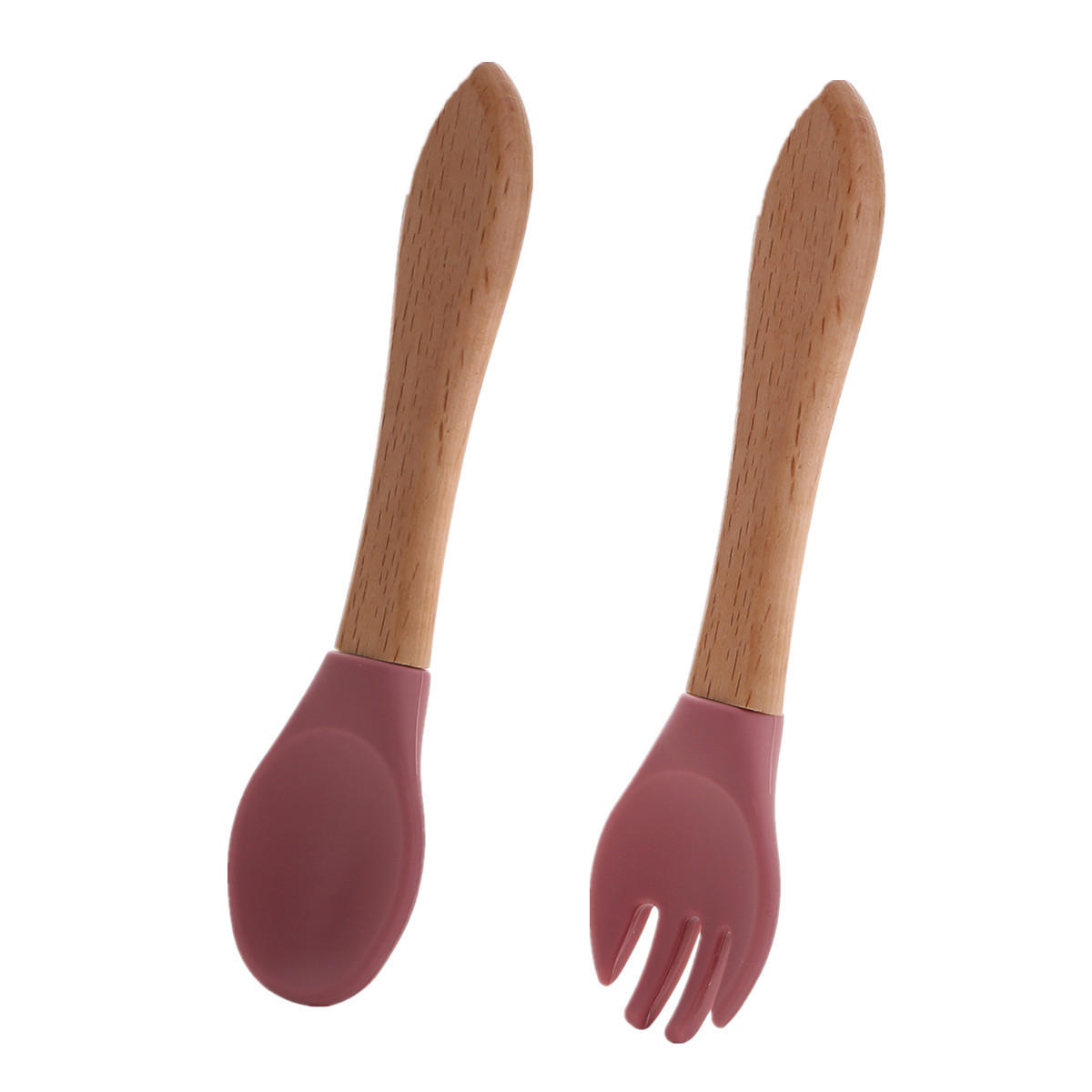 母婴餐具叉勺套装儿童喂养吃饭勺叉子木质手柄硅胶叉勺子现货厂家细节图