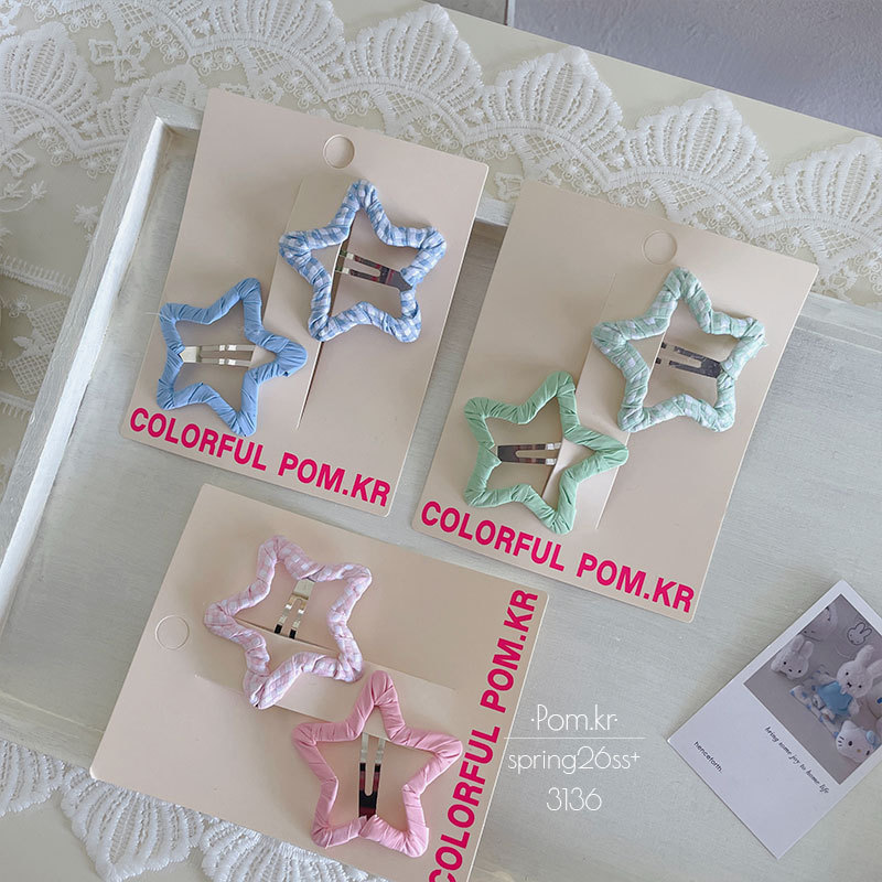 New Korean-style milk huhu five-pointed star hair clip, handcrafted wrap bye-bye clip, children's double-set bangs clip, sweet hair accessory details Picture