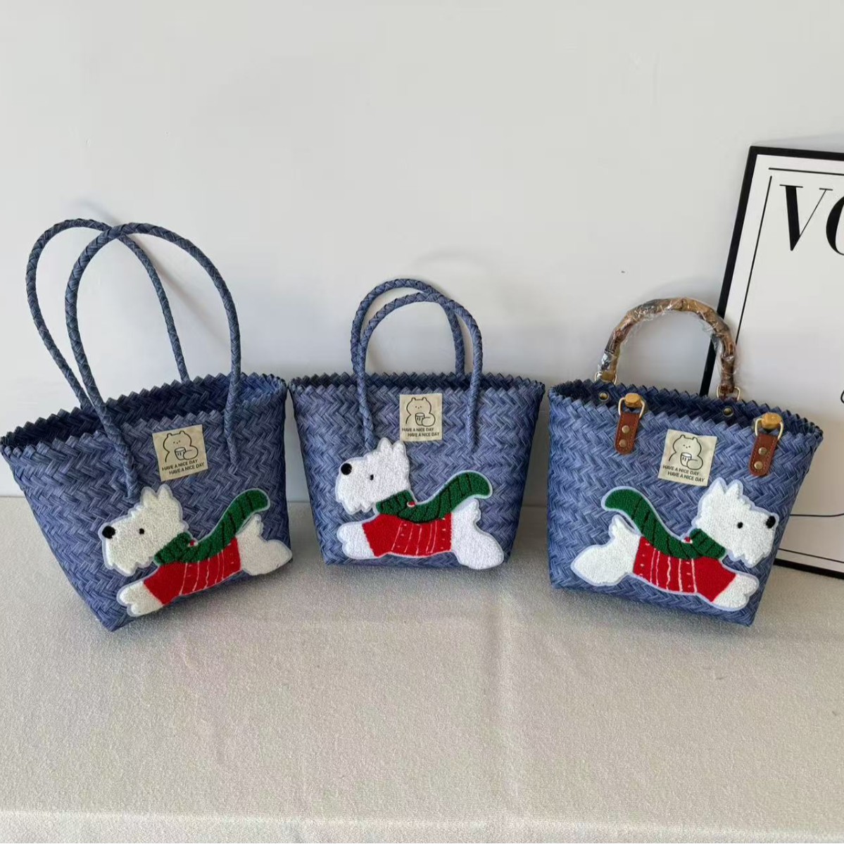 Cross-border bamboo weaving bag, Dachshund striped straw weaving bag, retro woven vegetable basket, rattan weaving handbag, commuter tote bag, single-shoulder bag, handcrafted bamboo weaving bag Specification image