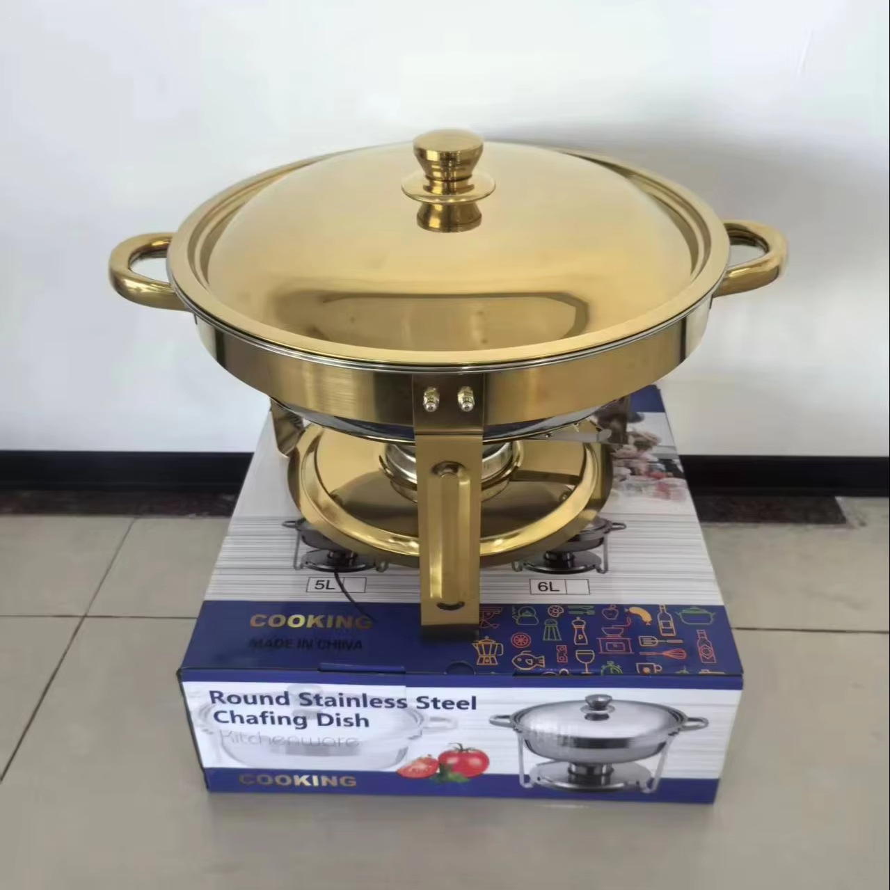 5L round insulated dinner plate buffet heater, electric heating, visible glass cover, stainless steel
