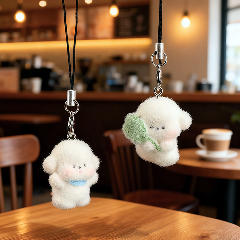 Cute three-dimensional flocking resin dog pendant, mini doll, mobile phone pendant, DIY keychain accessory details Picture