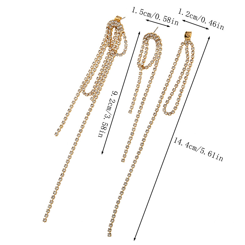 Manufacturer's supply of full-diamond tassel clip-on earrings, two-piece creative design, double-layer stacked earrings, feminine earrings, versatile accessories for banquets, wholesale Specification drawing