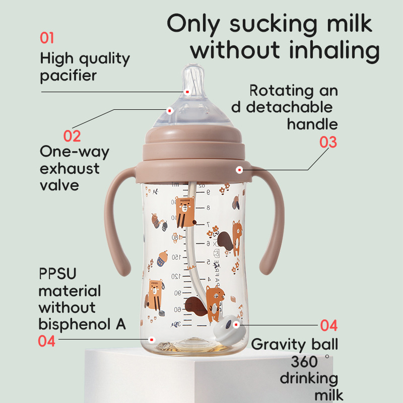PPSU Newborn anti-drop bottle with gravity ball straw type leak-proof large baby weaning drinking cup imitating breast milk Specification image