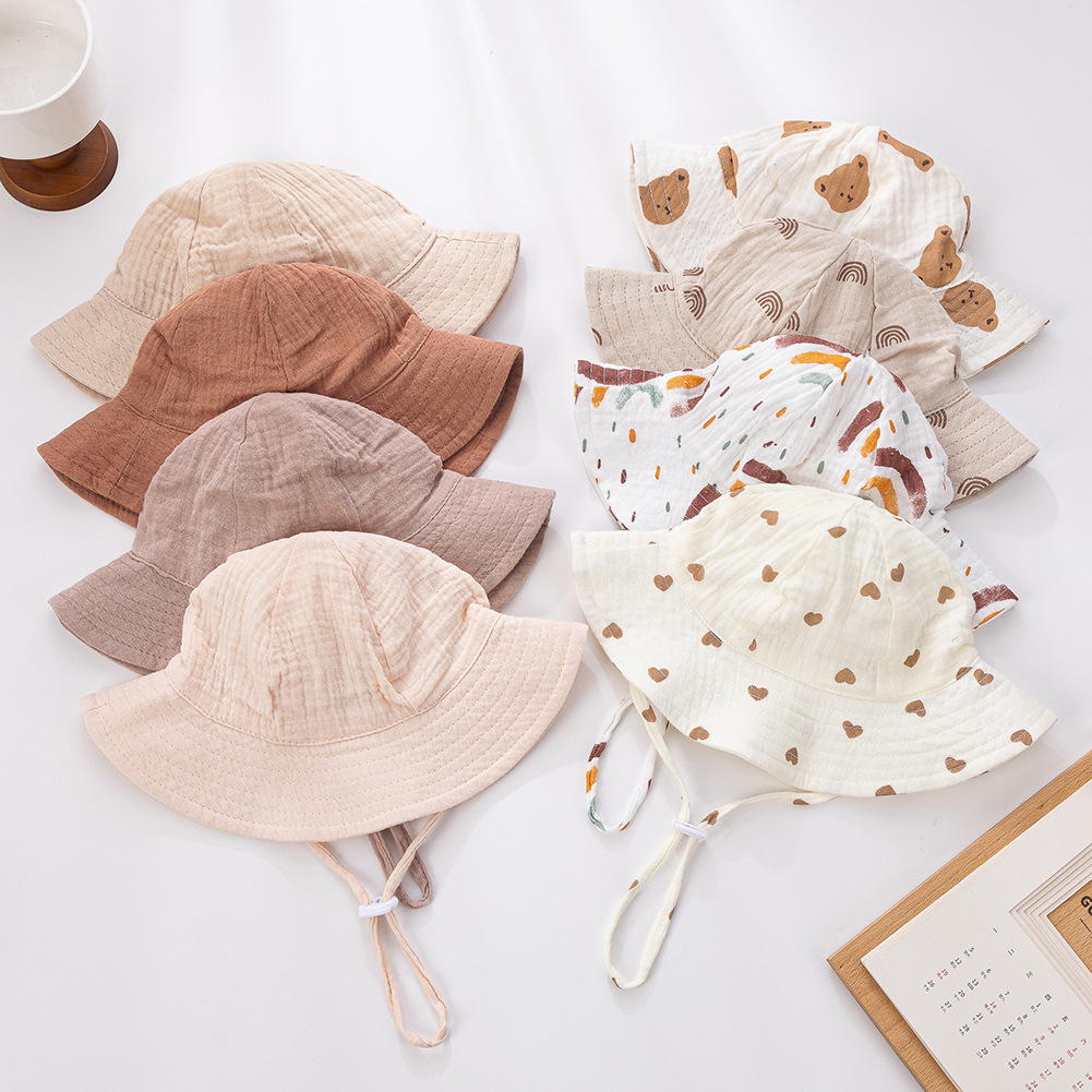 新款婴幼儿印花渔夫帽宝宝纯棉盆帽可调节绳结双层纱布遮阳渔天帽