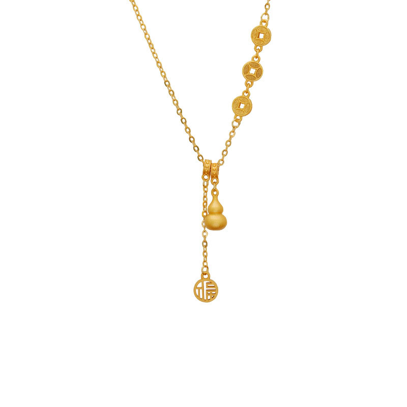 Hyacinth Douyin Live-streaming bestseller "Fu" character gourd pendant necklace for women, ancient method sand gold Five Emperors coin sweater chain, autumn and winter accessories Item Picture