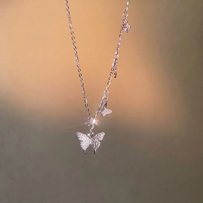S925 Silver Butterfly collarbone Chain Light Luxury Necklace, women's diamond-encrusted niche design, high-end neckchain jewelry gift Specification image