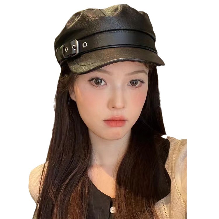 Black PU all-leather navy cap for foreign trade, men's British leather buckle baseball cap, fashionable octagonal cap, women's spring and autumn casual leather cap Item Picture