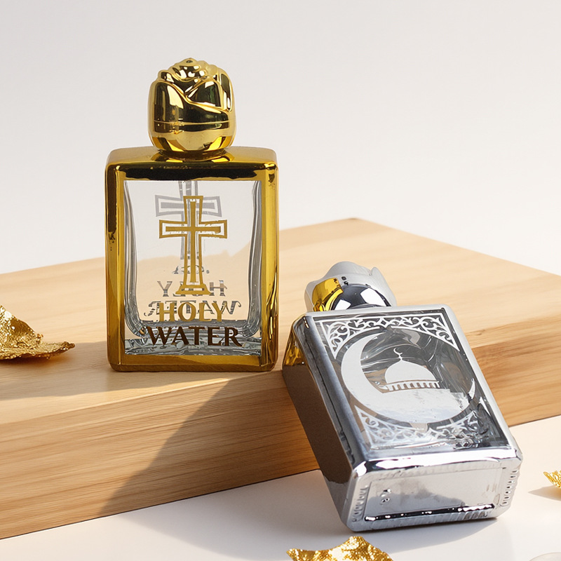Cross-border 15ml electroplated UV perfume bottle, baptism holy water bottle, rose luxury embossed gold essential oil glass bottle details Picture