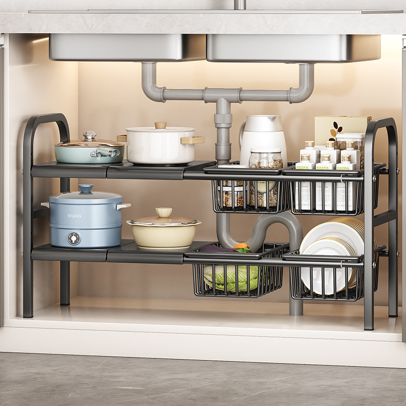 The kitchen retractable sink, storage rack, multi-layered rack inside the cabinet, multi-functional pot rack and storage rack