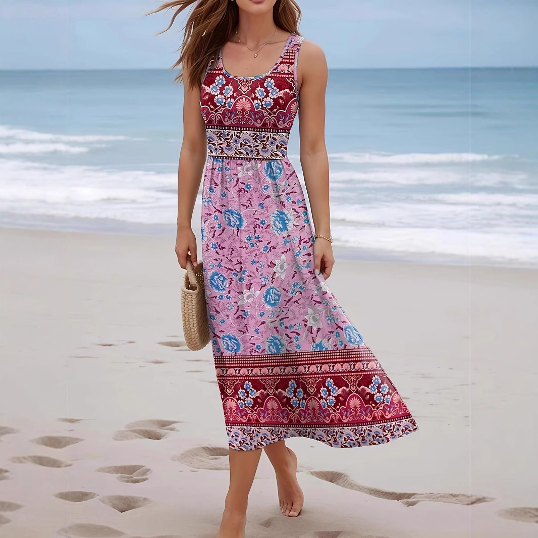 2026 European and American Amazon printed dress, seaside beach sleeveless vest long dress for women Specification drawing