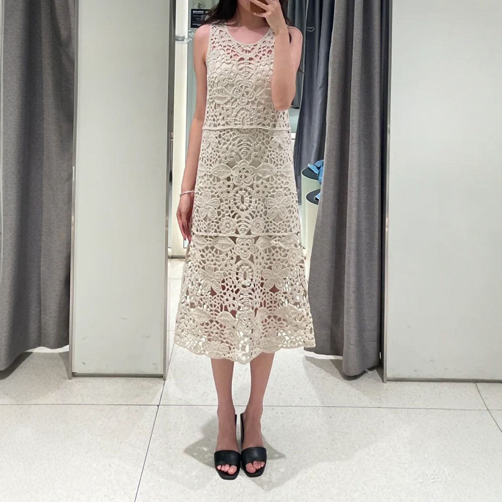 镂空钩花蕾丝吊带裙慵懒森系百搭直筒A字花朵刺绣连衣裙宽松长裙