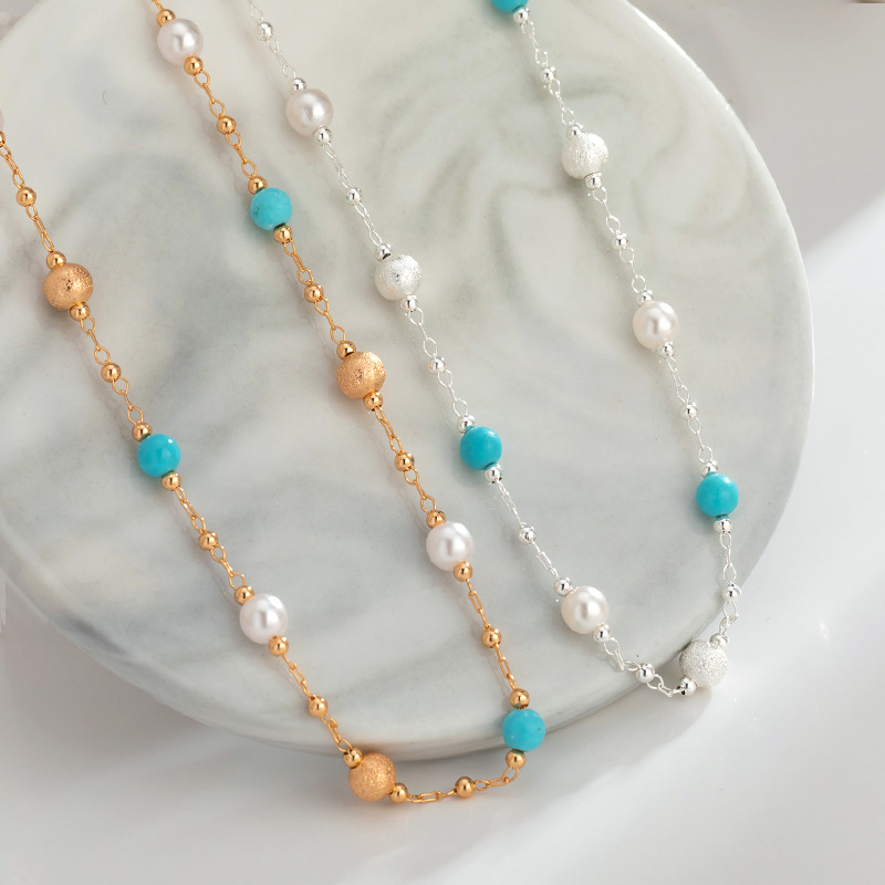 柏伶轻奢复古满天星绿松石项链女式时尚拉丝小圆球设计欧美锁骨链