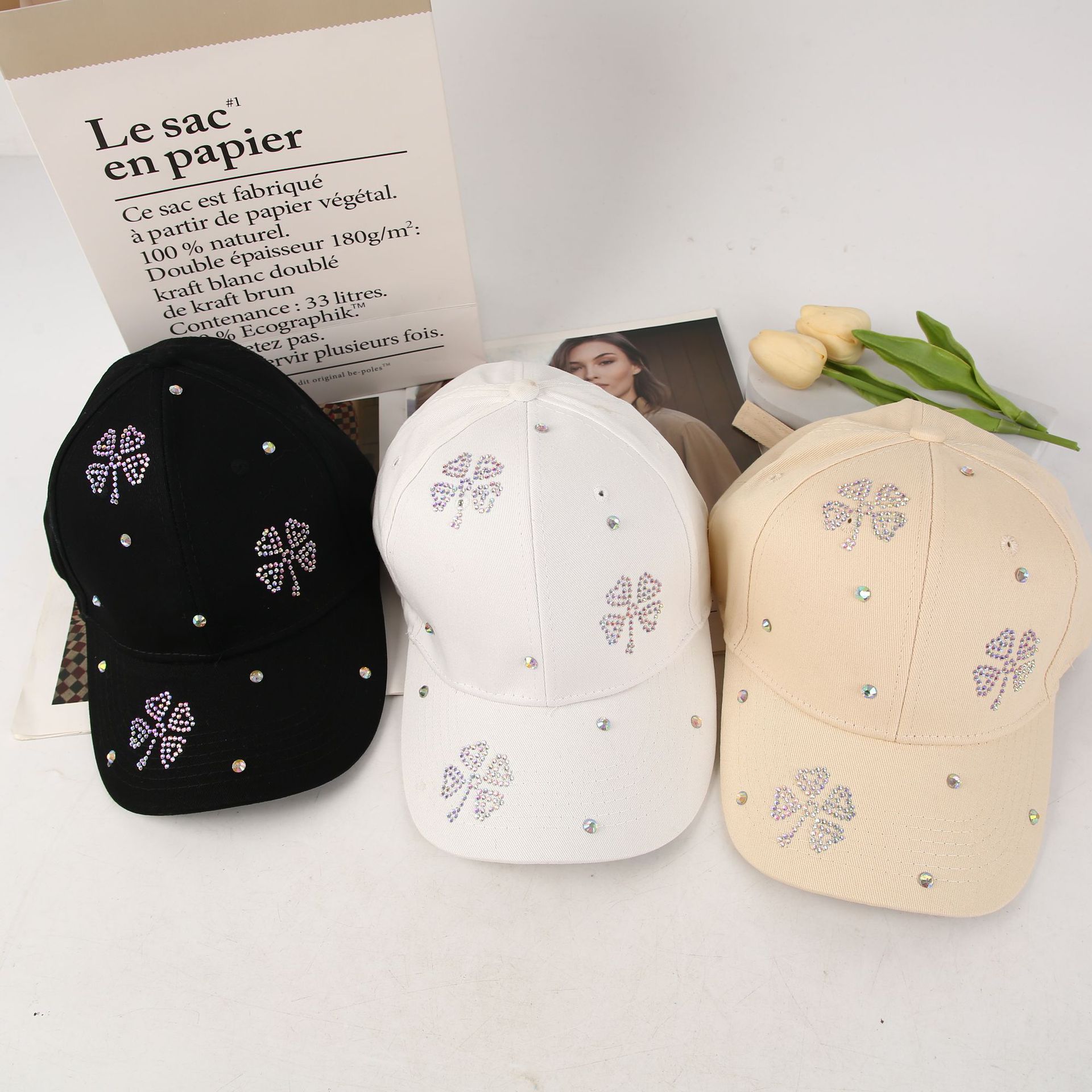 Autumn and winter water diamond four-leaf clover cool baseball cap for women, Korean style casual, versatile and warm hat, trendy slimming baseball cap