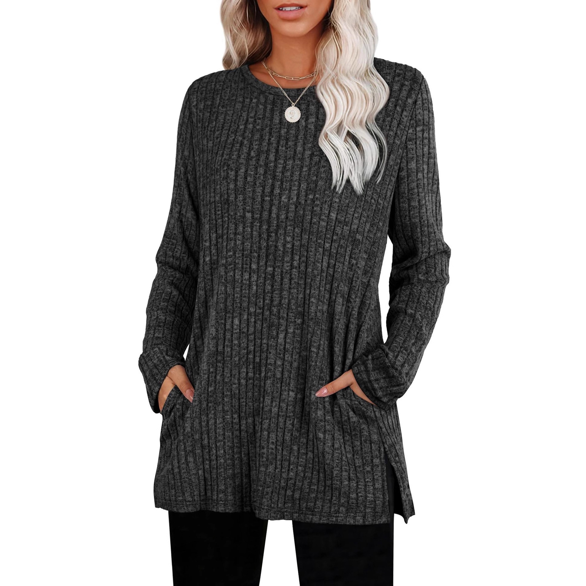 European and American women's sweaters with ripped round collars, long-sleeved shirts, pockets, autumn clothing, 2025 fashionable winter clothing with slits Application Scenario