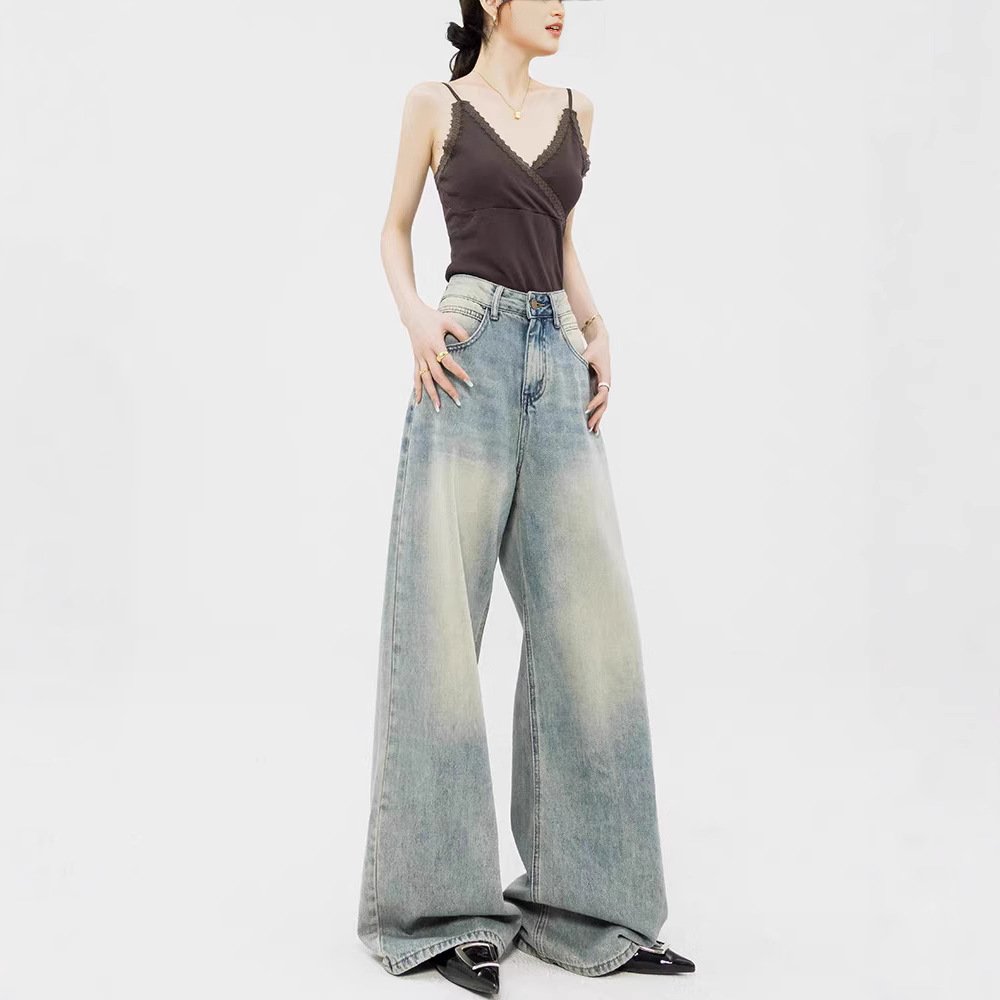 Custom-made retro light-colored straight-leg jeans with a high-waisted, loose design, floor-length wide-leg pants, suitable for all seasons details Picture