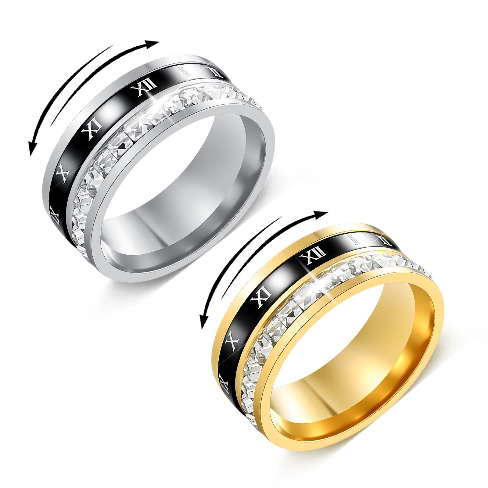 Cross border nuevos números romanos diamantes diamantes anillo de reducción de presión puede girar anillo anillo red de moda pareja anillo anillo Item Picture