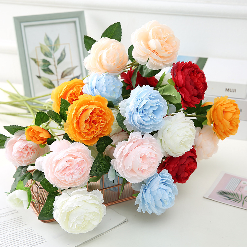 Dove European-style 3-head peonies for home decoration and wedding series, paired with grass, Western roses and peonies full figure