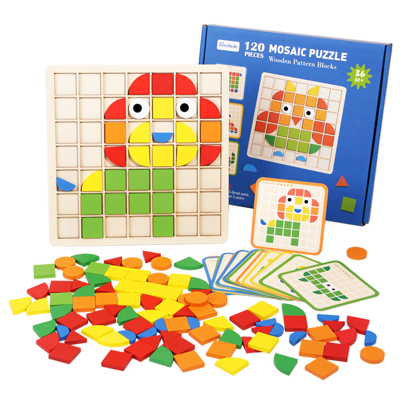 Mosaic 3d stereoscopic puzzle, kindergarten tabletop game, children's wooden early education beneficial intelligence building block toys wholesale Item Picture