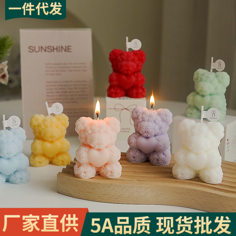 玫瑰熊香薰蜡烛伴手礼情人节创意礼物氛围感家居摆件小熊香氛蠟燭