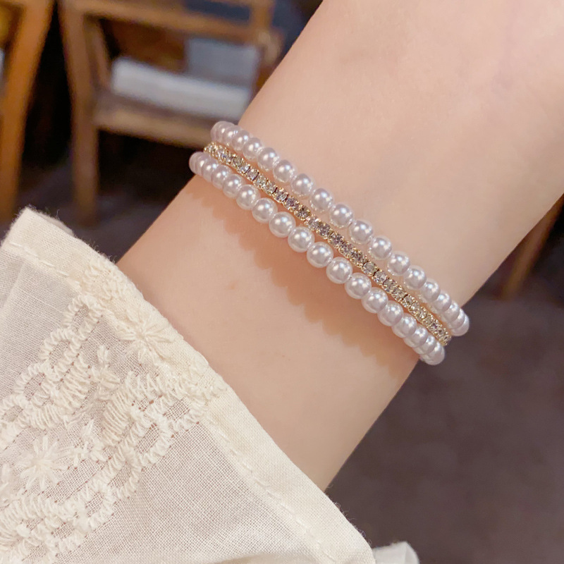 Korean-style niche fashion design water diamond pearl elastic stacked bracelet, elegant and versatile jewelry for women wholesale