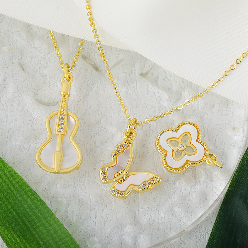 DIY jewelry accessories: copper-plated 18K real gold, fashionable micro-inlaid shell violin pendants, necklaces, bracelets wholesale details Picture