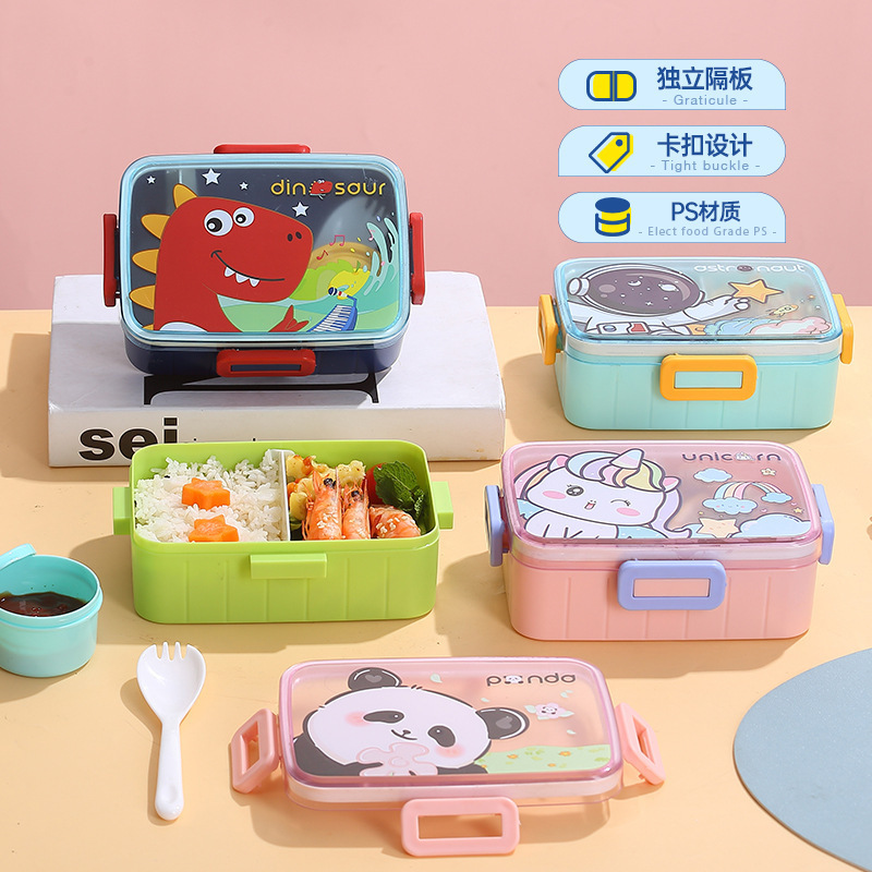 Cute and fun two-compartment lunch box, microwave heating lunch box with tableware, portable lunch box separated for office workers and students