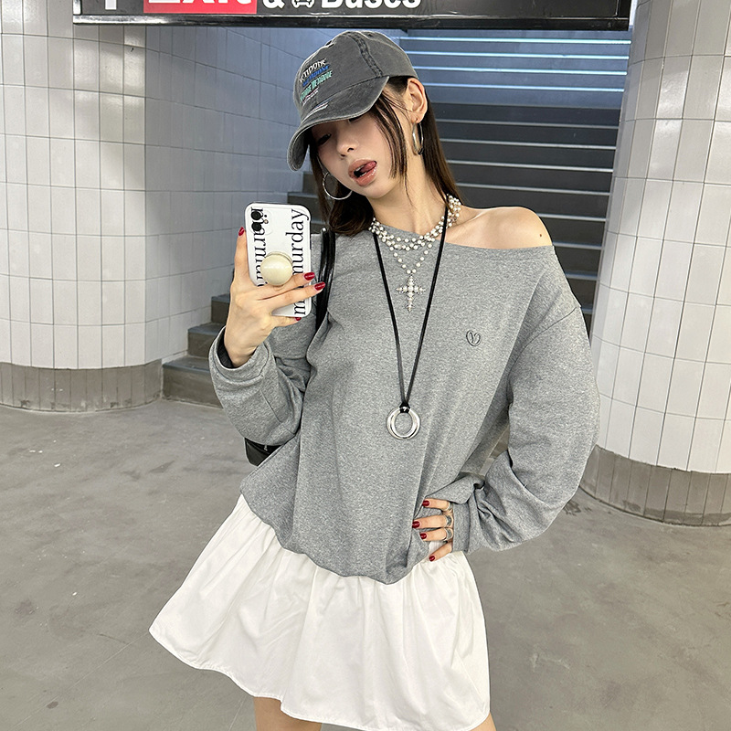 MMFISH trendy street off-the-shoulder casual design embroidered heart loose top T-shirt, laid-back hoodie 24T359 Specification image