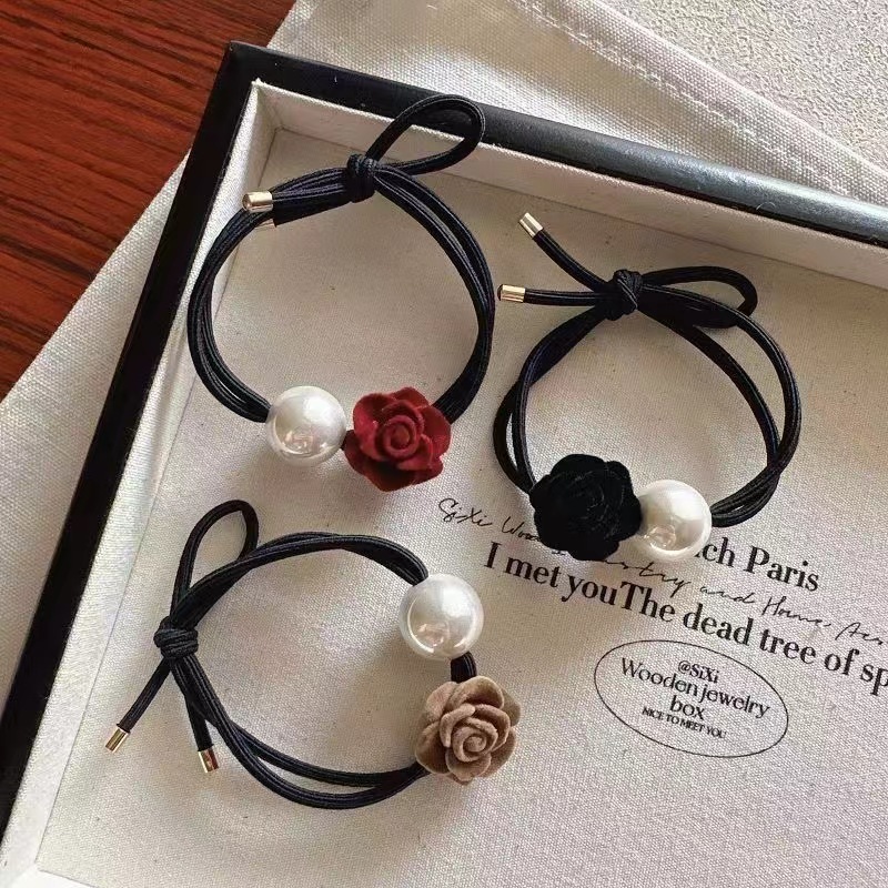 French high-end retro pearl rose flower hair tie and hair band, girls' high school elastic rubber band hair tie, ponytail headwear