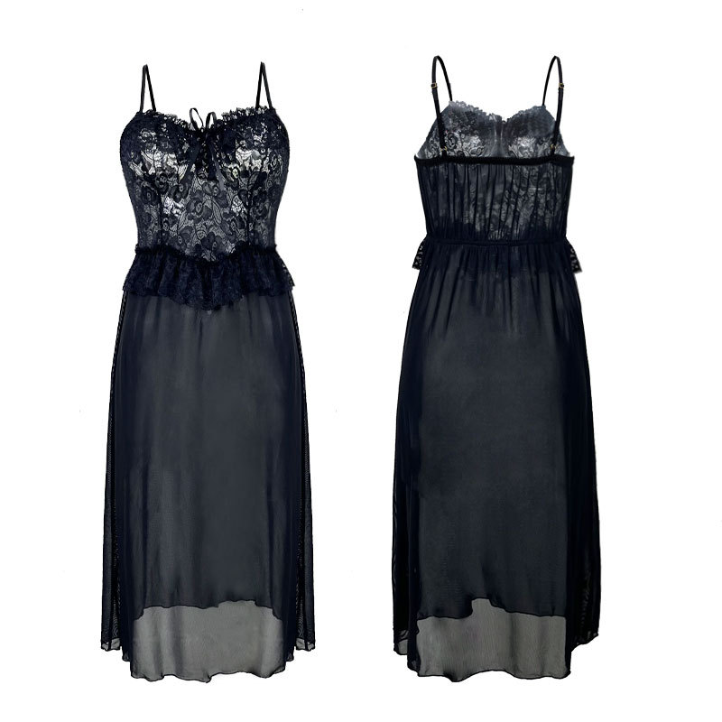 Feiyun's new long, sheer, court-style pajamas, see-through seductive nightwear, and sexy lace patchwork home wear, 533 Item Picture