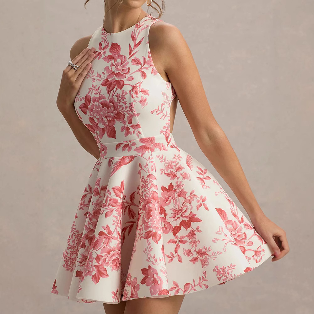 The new cross-border spring and summer women's clothing collection features A high-end and elegant sleeveless high-waisted backless A-line fashionable printed short skirt dress