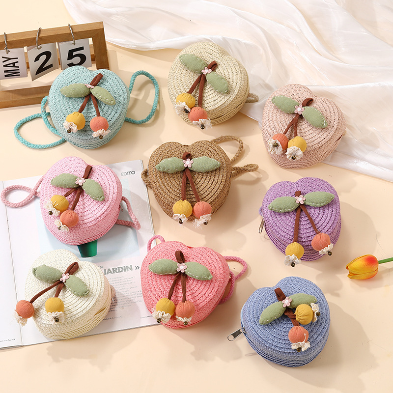 Summer seaside children's bags woven with cute cherries and skirts, vacation straw woven bags, girls' mobile phones, crossbody small bags Specification image