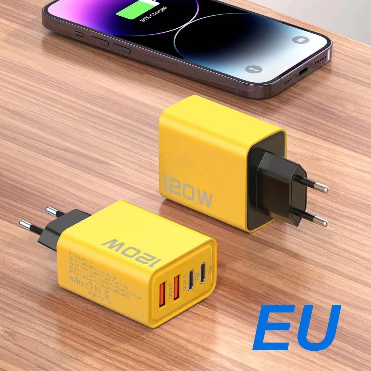 120W fast charging charger with dual USB ports and dual Type-C multi-port PD fast charging heads for US and European standards Specification image