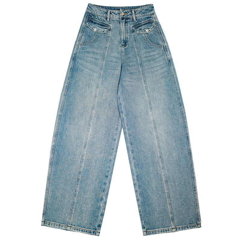 Factory direct sales of new mid-line design style jeans, retro light blue loose, slimming, drape sickle length pants Item Picture