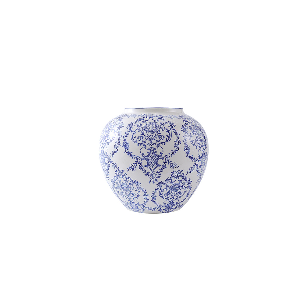 New Chinese-style retro blue and white porcelain vase, high-end ceramic decorative item, living room entrance, flower arrangement, home decoration, blue and white porcelain vase with pink flowers, classical and elegant beauty Item Picture