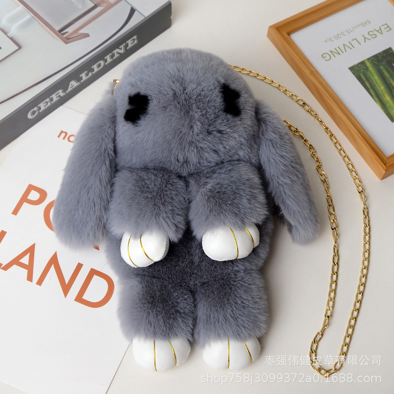 A plush chain rabbit bag for women, a single-shoulder crossbody bag imitating rex rabbit fur, a plush single-shoulder bag details Picture