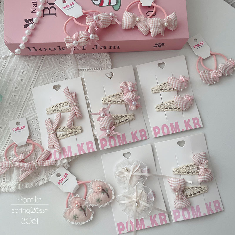Primavera nueva colección sweet pink plaid arcos horquillas paño niños encaje bravura clip clip elástico horquillas details Picture