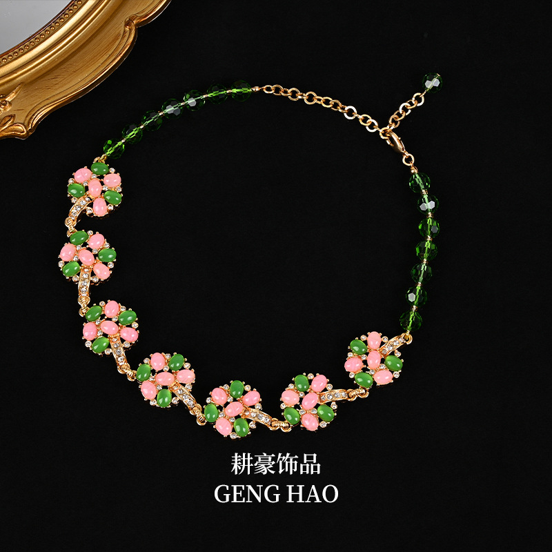 中古复古宫廷风镶钻花朵项链镂空浮雕时尚优雅轻奢花朵项链 Specification image