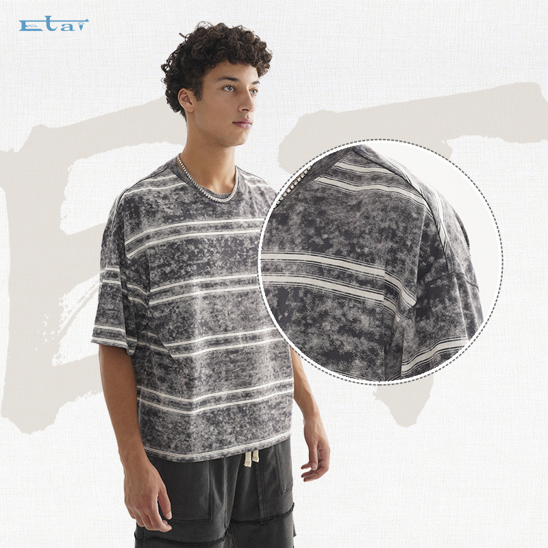 ETAI men's fashion brand summer short-sleeved retro striped T-shirt, short and loose style, casual and versatile Specification image