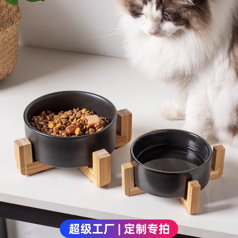 Customized black cat bowl, ceramic drinking bowl, double-bowl ceramic food bowl, dog bowl, cat wooden frame bowl, anti-knock pet bowl