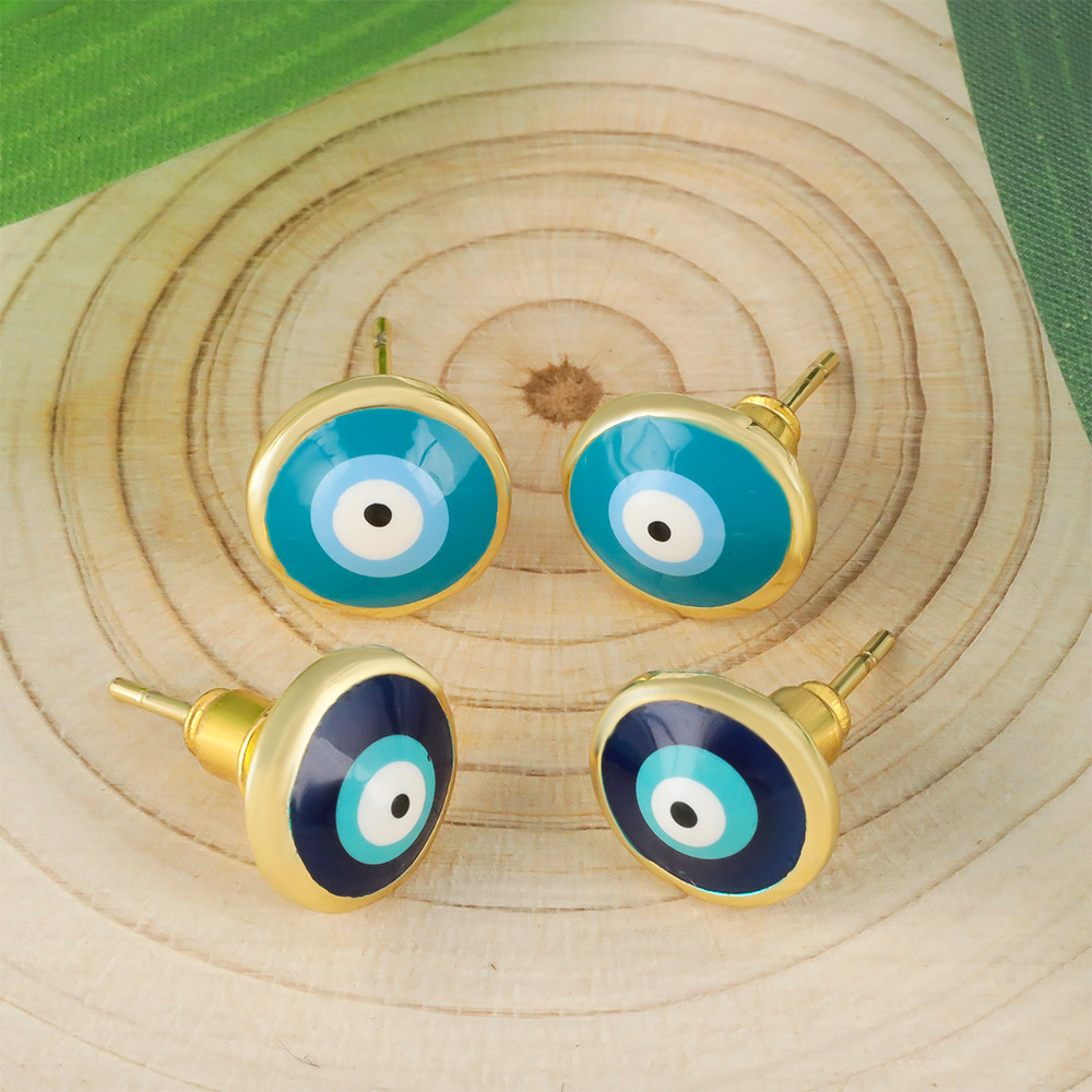 Honglu Cross-border Fashion copper-plated real gold personalized design eye earrings Simple style Oil Drip Devil Eye Stud earrings for women